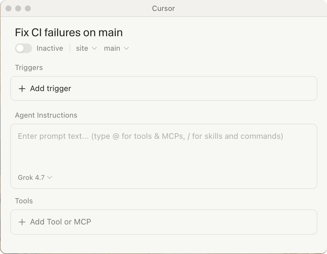 Automation configuration window